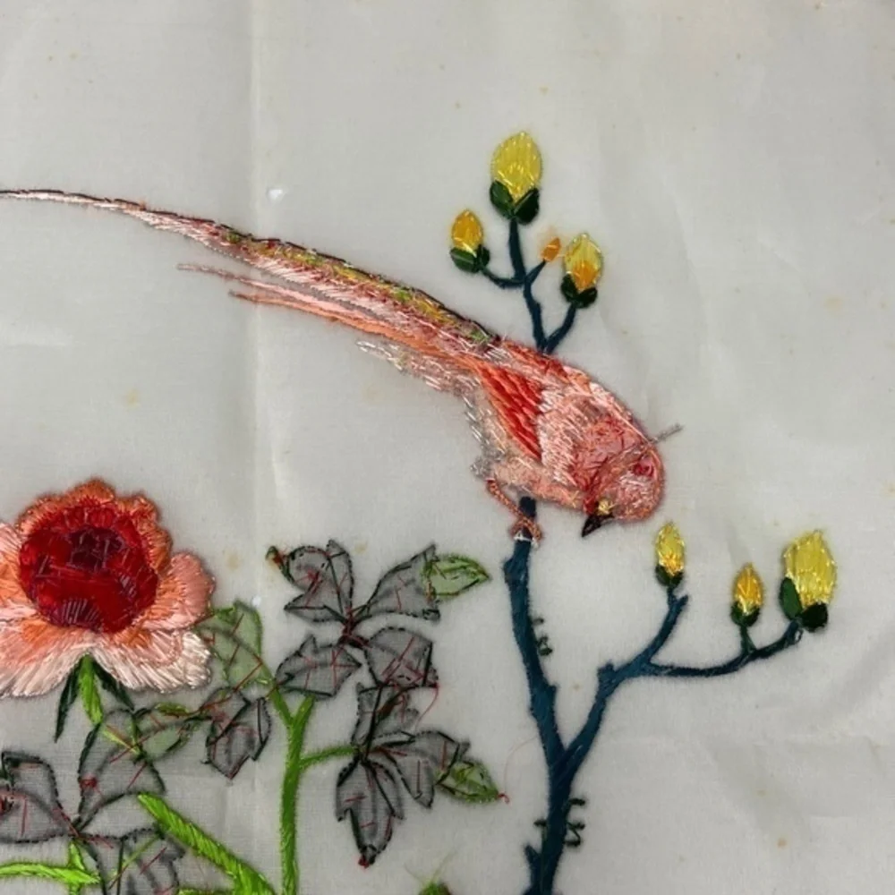 Vintage Japanese Silk Hand Embroidered Embroidery Birds and Flowers Needlepoint